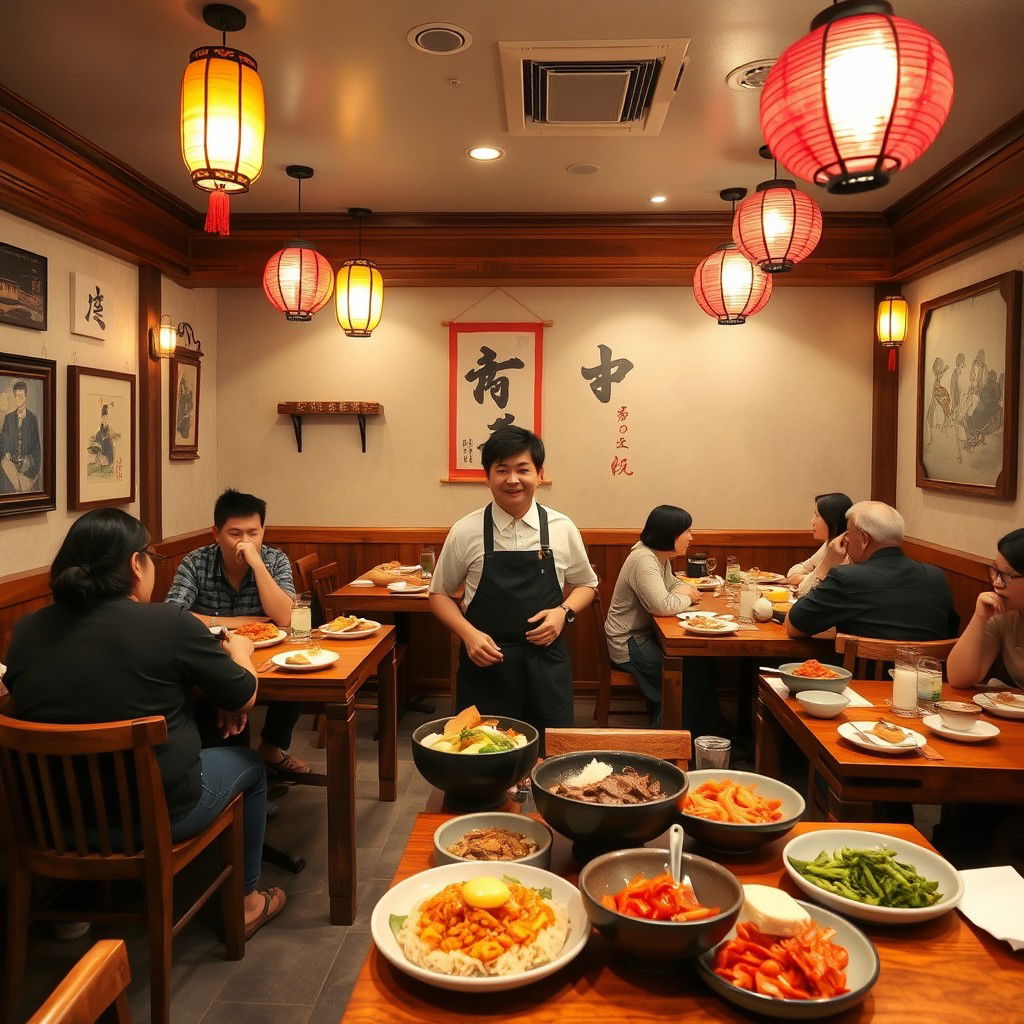 A vibrant and inviting scene of a Korean restaurant, showcasing a traditional decor style