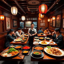 A vibrant and inviting scene of a Korean restaurant, showcasing a traditional decor style