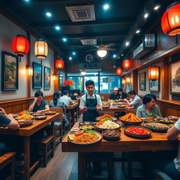 A vibrant and inviting scene of a Korean restaurant, showcasing a traditional decor style