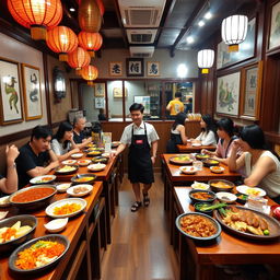 A vibrant and inviting scene of a Korean restaurant, showcasing a traditional decor style