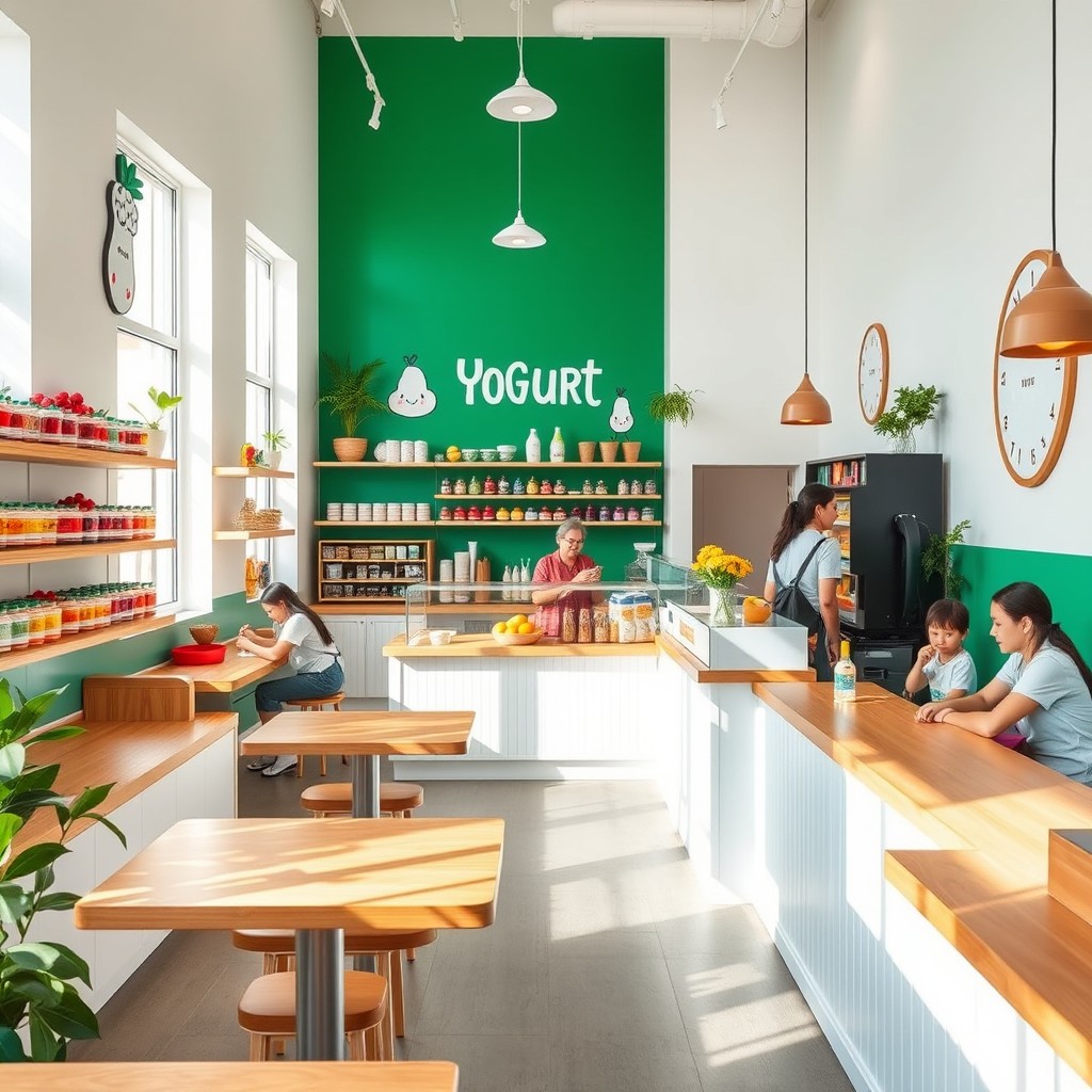 A cozy yogurt shop interior featuring bright white walls and a striking emerald green accent wall in the background