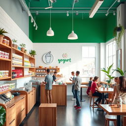 A cozy yogurt shop interior featuring bright white walls and a striking emerald green accent wall in the background