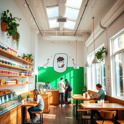 A cozy yogurt shop interior featuring bright white walls and a striking emerald green accent wall in the background