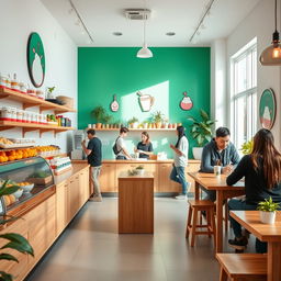 A cozy yogurt shop interior featuring bright white walls and a striking emerald green accent wall in the background