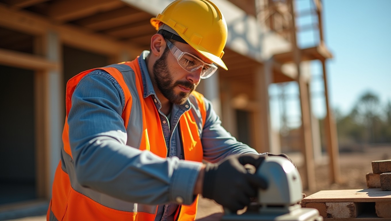 A rugged tradie at a bustling construction worksite, wearing a hard hat, safety goggles, and a high-visibility vest, focused on using a power tool