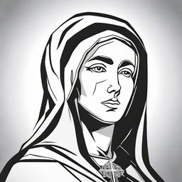 A high contrast, black and white logo-style line art illustration of Saint Rita with a scar on her cheek displayed in side view on a white background. Maintain a simple design with no use of colors.