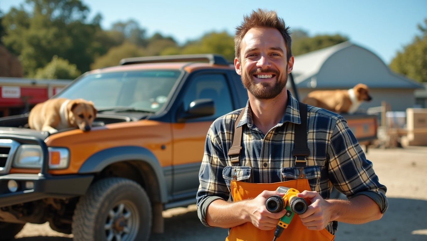 A Kiwi tradie at a lively construction site, wearing a plaid shirt and stubbies, confidently using power tools