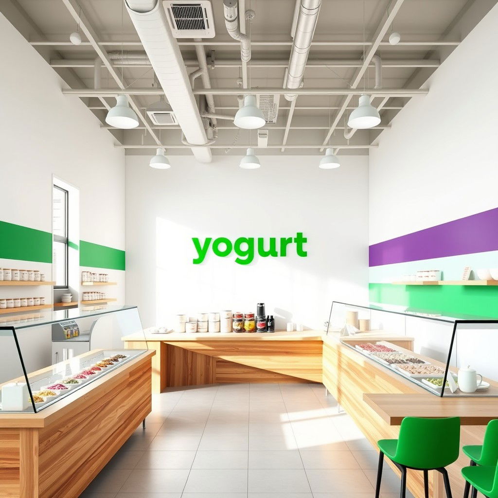 A yogurt shop interior featuring clean white walls and a striking emerald green and deep purple accent wall in a horizontal line
