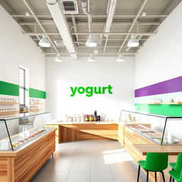 A yogurt shop interior featuring clean white walls and a striking emerald green and deep purple accent wall in a horizontal line