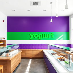 A yogurt shop interior featuring clean white walls and a striking emerald green and deep purple accent wall in a horizontal line