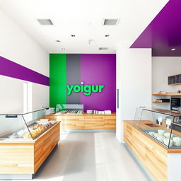 A yogurt shop interior featuring clean white walls and a striking emerald green and deep purple accent wall in a horizontal line
