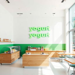 A yogurt shop interior featuring clean white walls and a striking emerald green and deep purple accent wall in a horizontal line