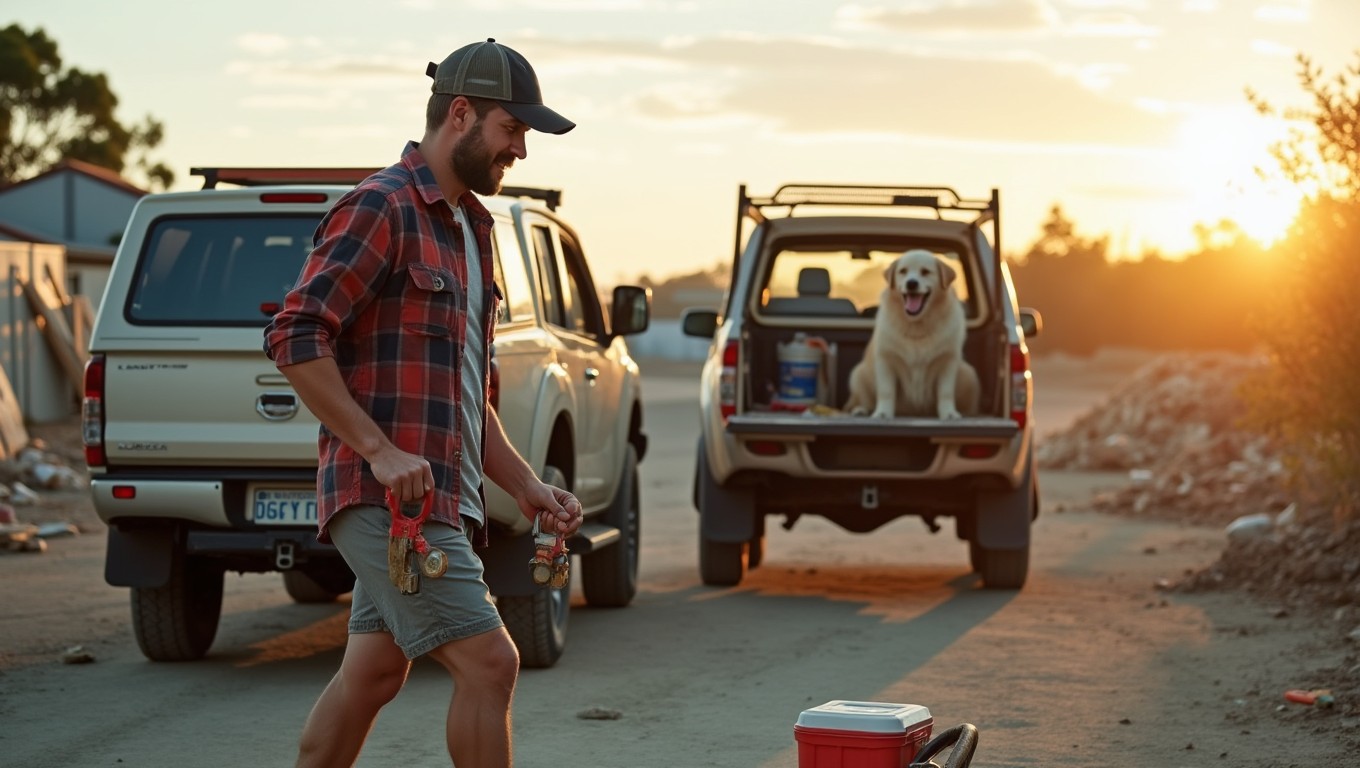 A New Zealand tradie at a busy construction site, dressed in a plaid shirt and short shorts, expertly using various tools