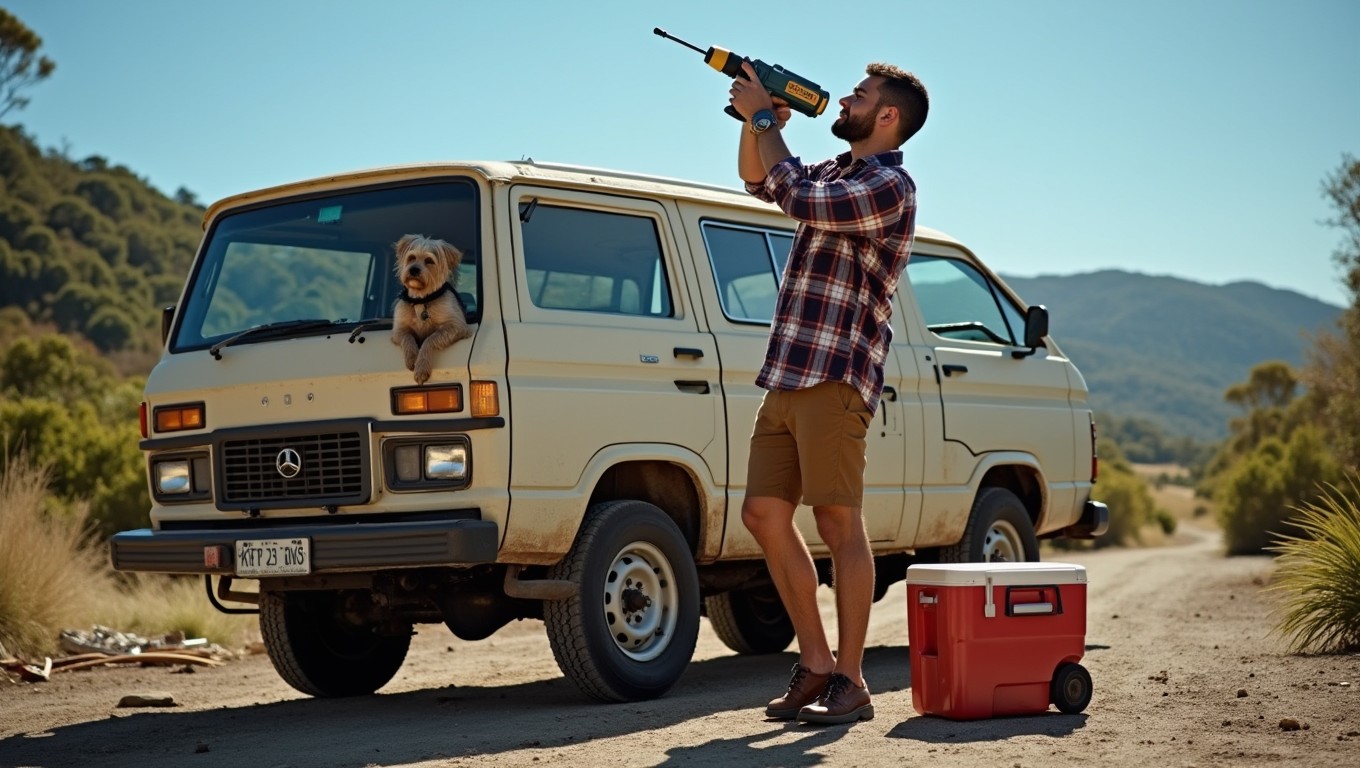 A New Zealand tradie in a relaxed pose, using a power drill while wearing a plaid shirt and short shorts