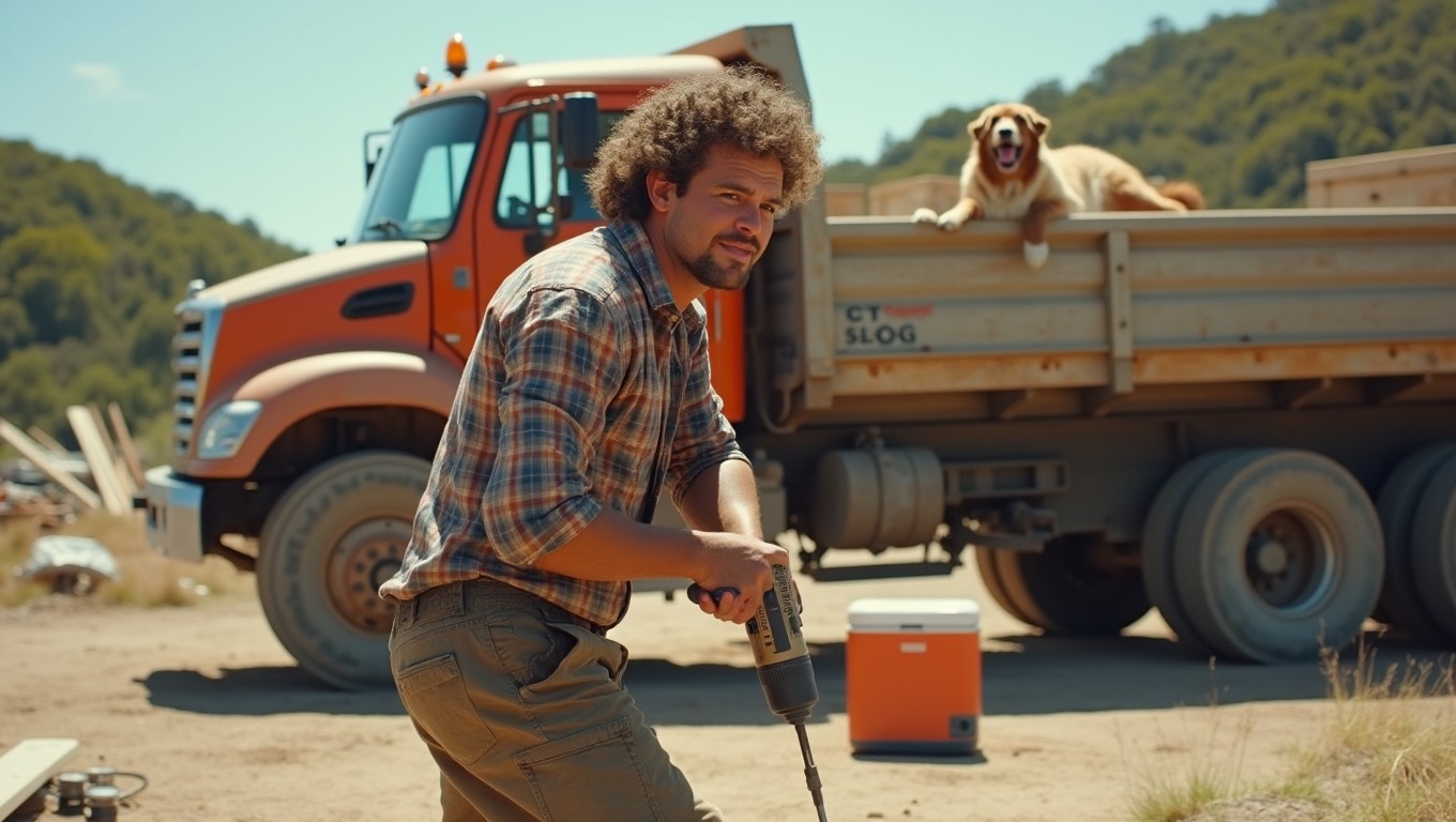 A New Zealand tradie resembling Fred Dagg, dressed in a plaid shirt and short shorts, energetically using a power drill at a construction site