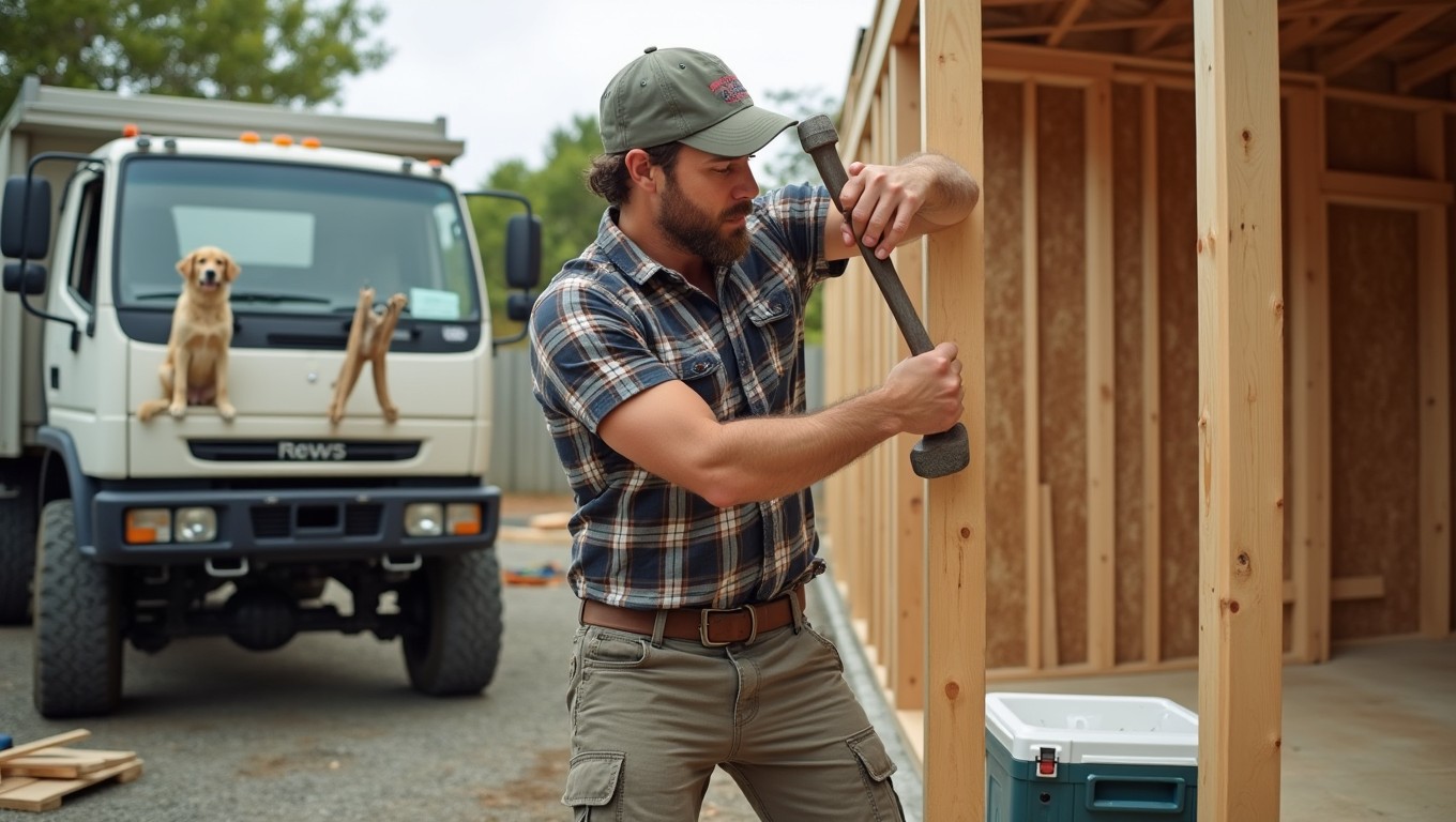 A New Zealand tradie, resembling Fred Dagg, skillfully using a hammer on a house under construction