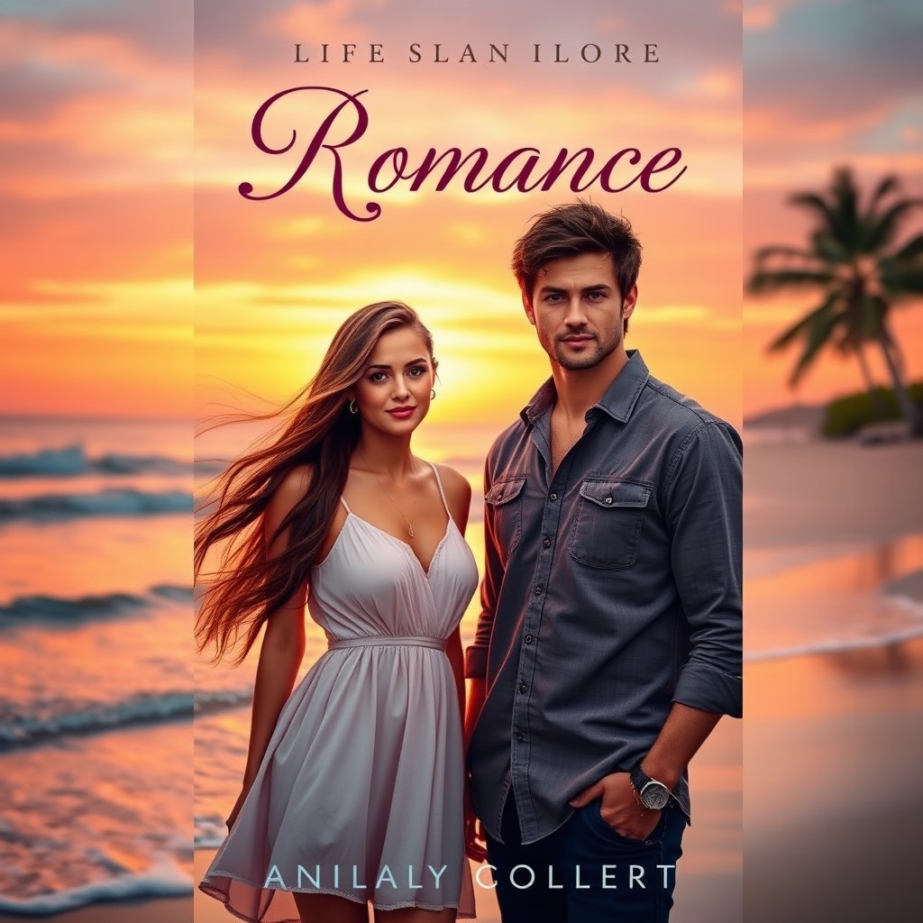 A captivating book cover for a romance novel, featuring two main characters: a stylish woman with long flowing brunette hair wearing a chic summer dress, and a handsome man with tousled dark hair in a casual button-up shirt, standing on a picturesque beach at sunset