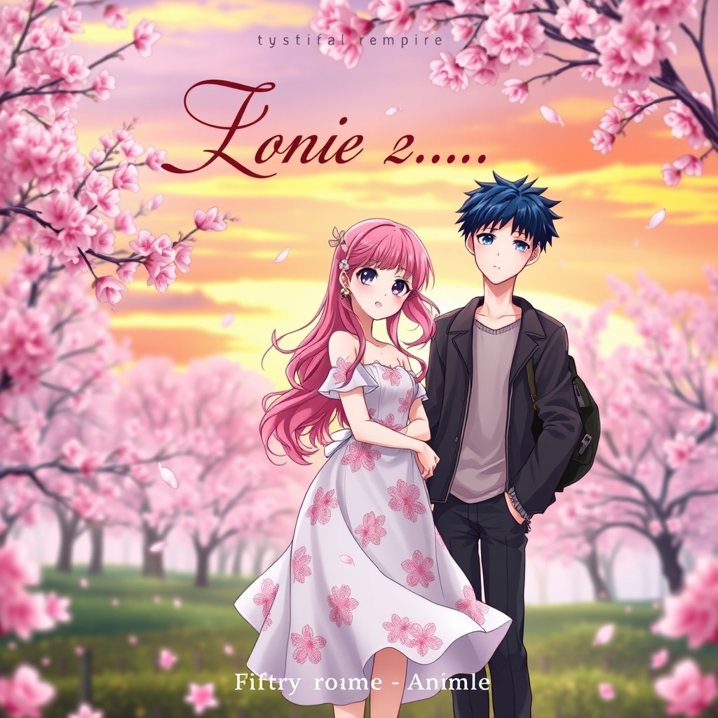 An enchanting book cover for a romance novel inspired by anime, featuring two main characters: a beautiful anime girl with vibrant pink hair styled in loose curls, wearing a flowing pastel-colored dress adorned with floral patterns, and a charming anime boy with dark spiky hair in a casual yet stylish outfit