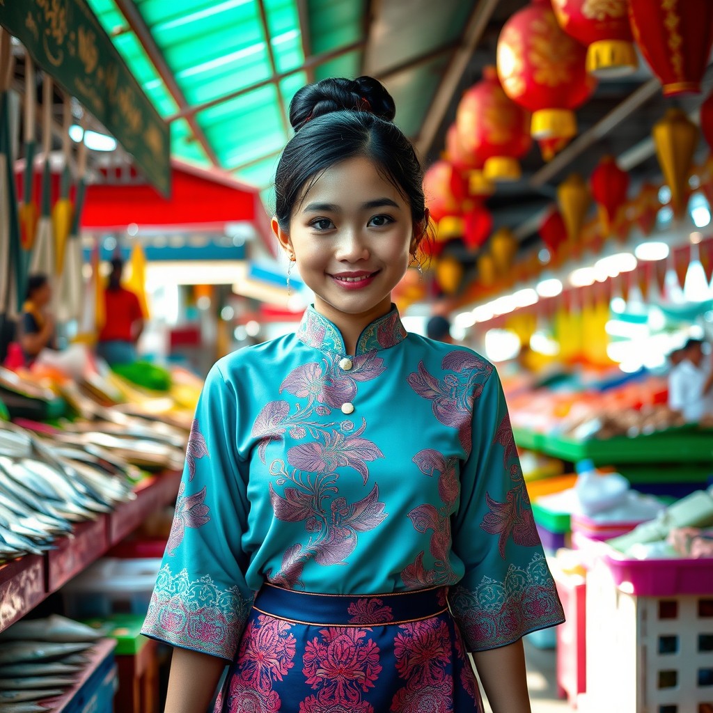 A beautiful Indonesian girl wearing a kebaya that reaches just to her chest, with her hair styled in an elegant bun