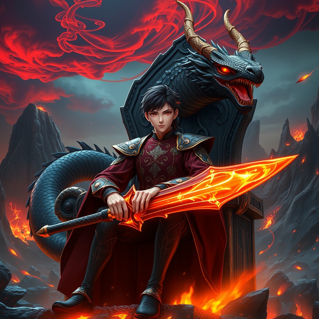 A 3D anime-style fantasy character sitting confidently on a majestic throne in an epic fantasy setting