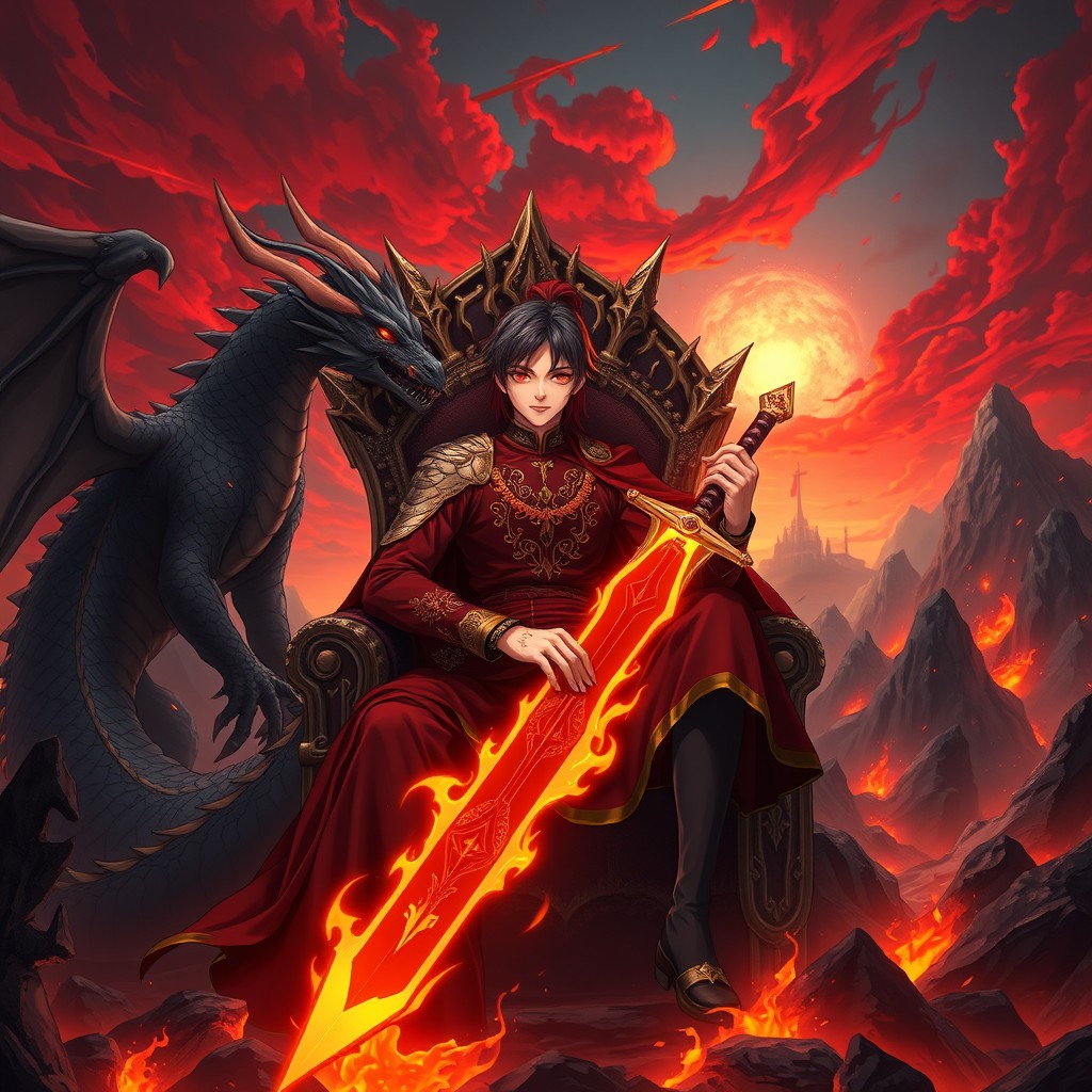 An anime-style fantasy character sitting confidently on a majestic throne in an epic fantasy setting
