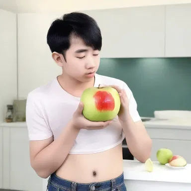 He gently peeled the skin off the apple, revealing the juicy flesh beneath, and handed it to his partner as a sweet gesture.