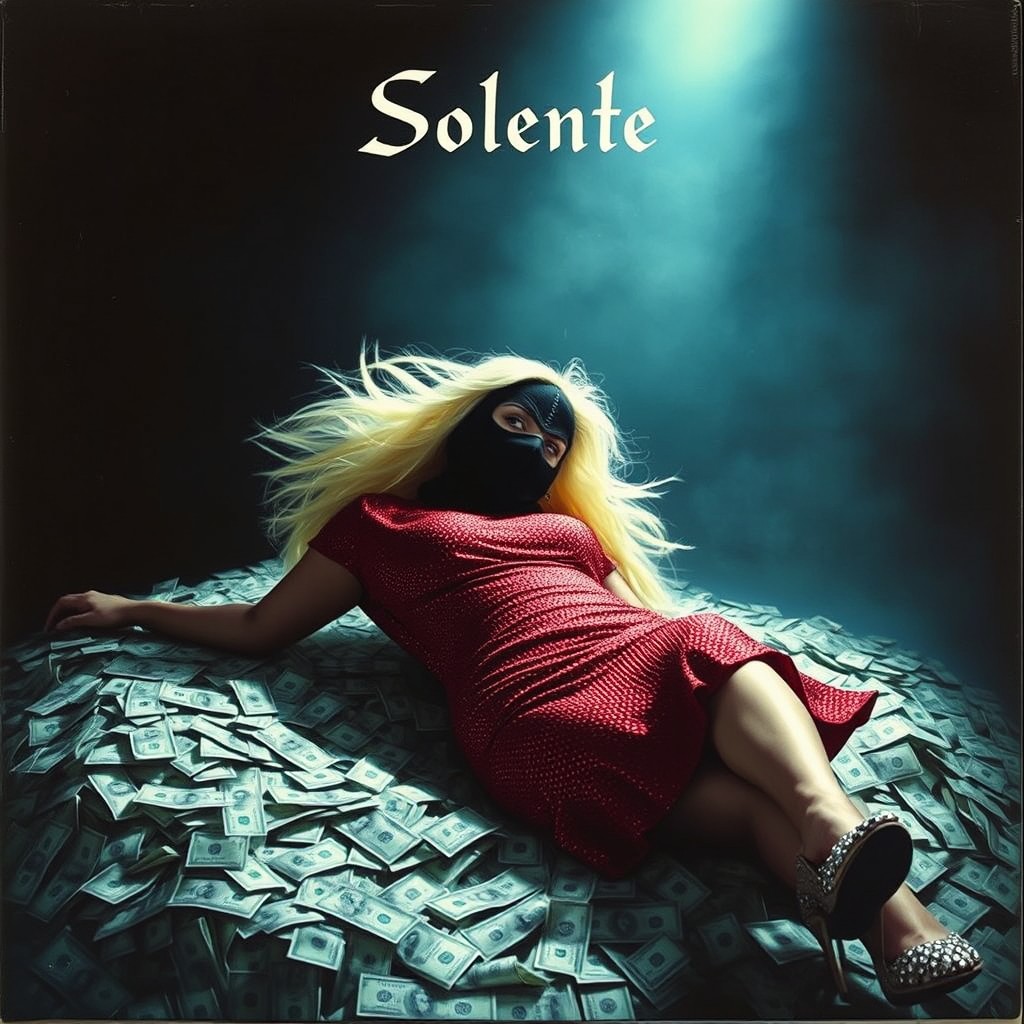 An album cover featuring a blonde woman with her hair spread out, wearing a black bandit balaclava, lying on a mound of money
