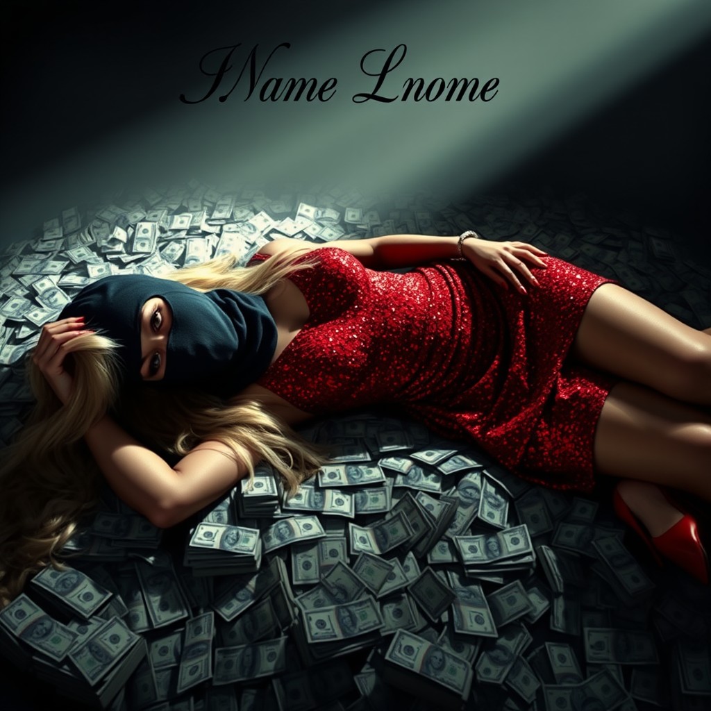 A slender and curvy blonde woman with long, flowing hair lying on a pile of money, wearing a black bandit balaclava