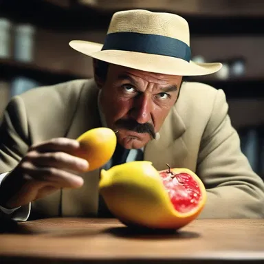 In the intense suspense scene, the detective carefully peeled back the skin of a mysterious fruit, hoping to uncover the crucial clue hidden beneath.