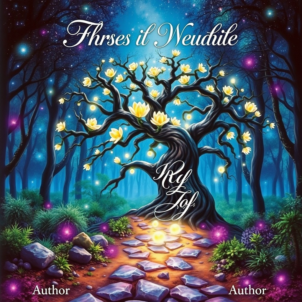 A striking and visually captivating novel cover that features a mystical forest under a starry night sky
