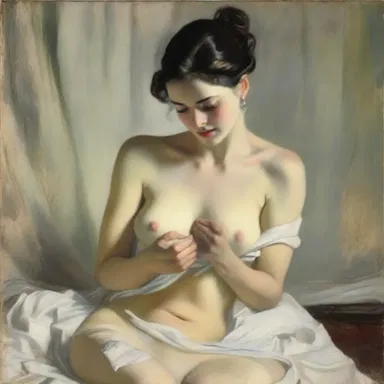 The artist skillfully depicted a depiction of a beautiful woman slowly peeling off her garments in an alluring pose.