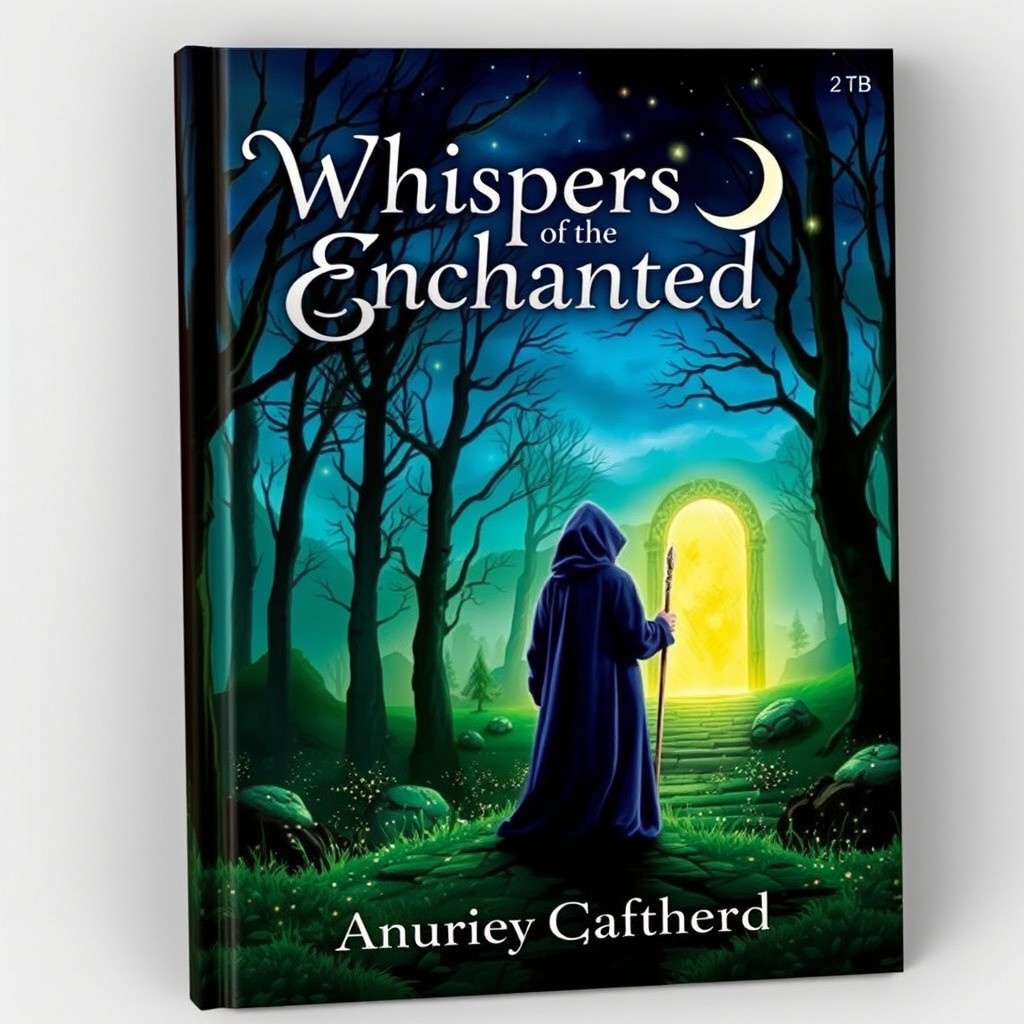 A captivating novel cover featuring a mysterious, enchanted forest at twilight, with towering trees and shimmering fireflies