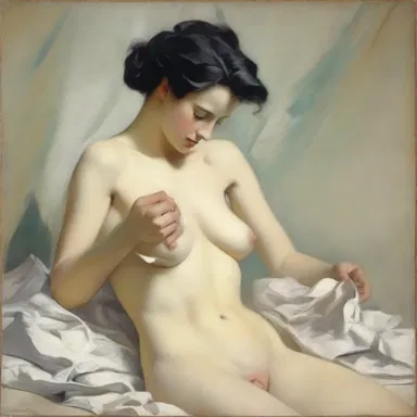 The artist skillfully depicted a depiction of a beautiful woman slowly peeling off her garments in an alluring pose.