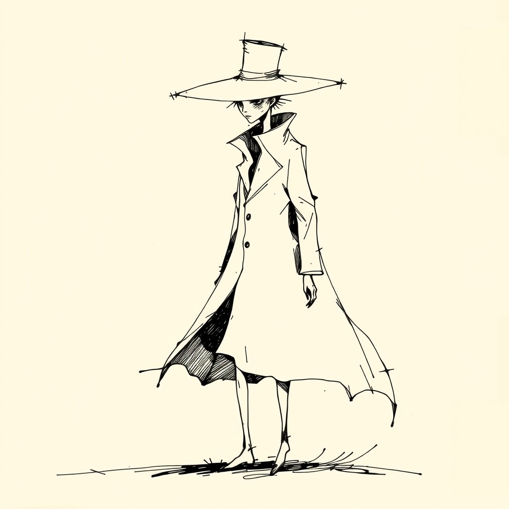 A surreal fantasy character illustrated in a minimalist ink sketch style, featuring expressive black lines on beige paper