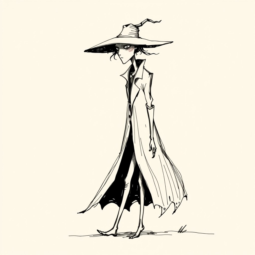 A surreal fantasy character illustrated in a minimalist ink sketch style, featuring expressive black lines on beige paper