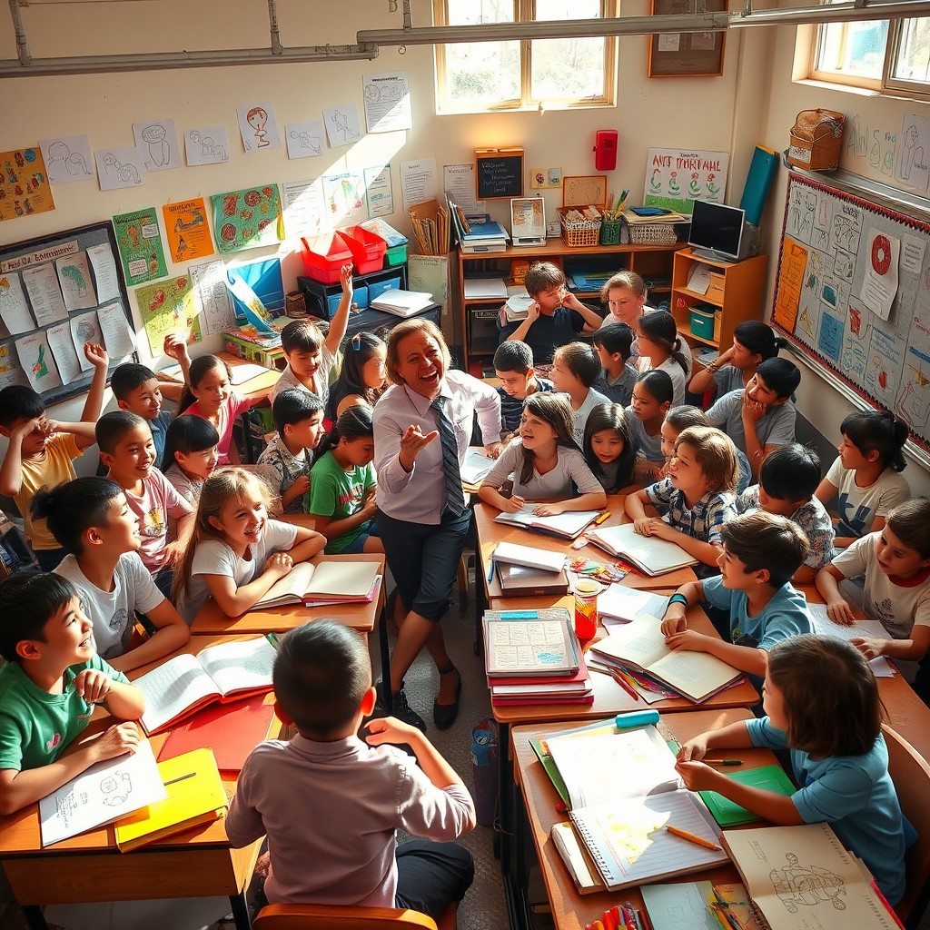 A chaotic classroom filled with lively students engaging in various activities