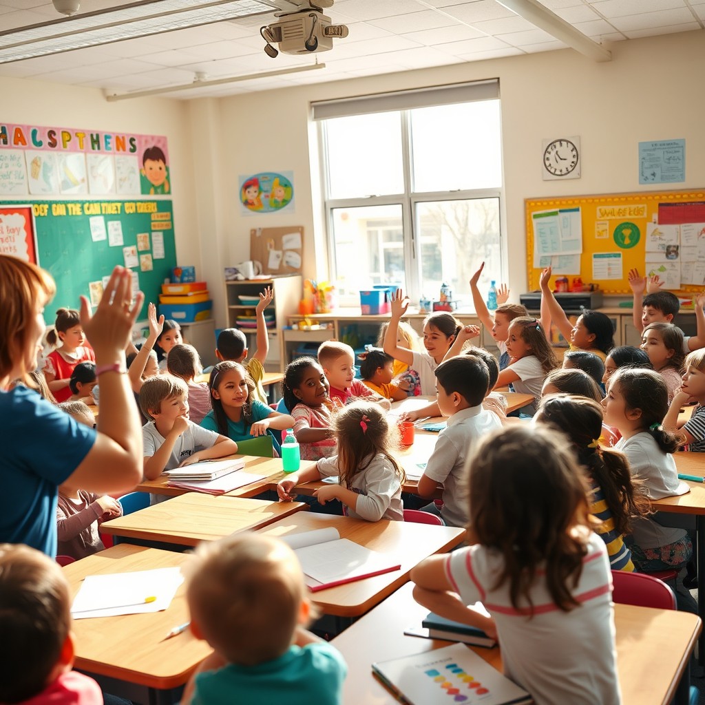 A lively classroom filled with energetic students actively participating in various discussions and activities