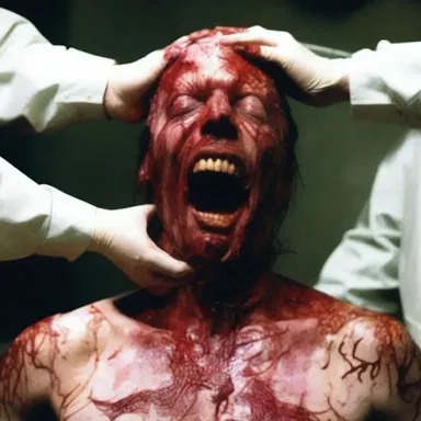 The horror movie scene was so gruesome that it made the audience cringe as they watched the skin peel off the victim's face.