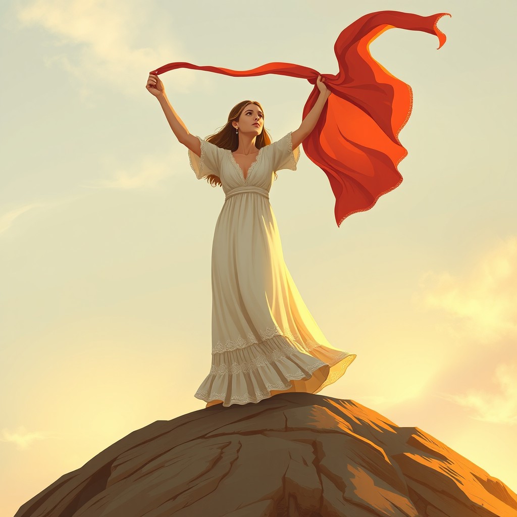 A powerful and symbolic book cover illustration featuring a modest yet noble woman standing at the top of a man-made hill or mound, in a graceful and firm pose reminiscent of the Statue of Liberty, but more humble and feminine