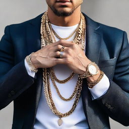 A stylish man with various fashionable chains and jewelry accessories.