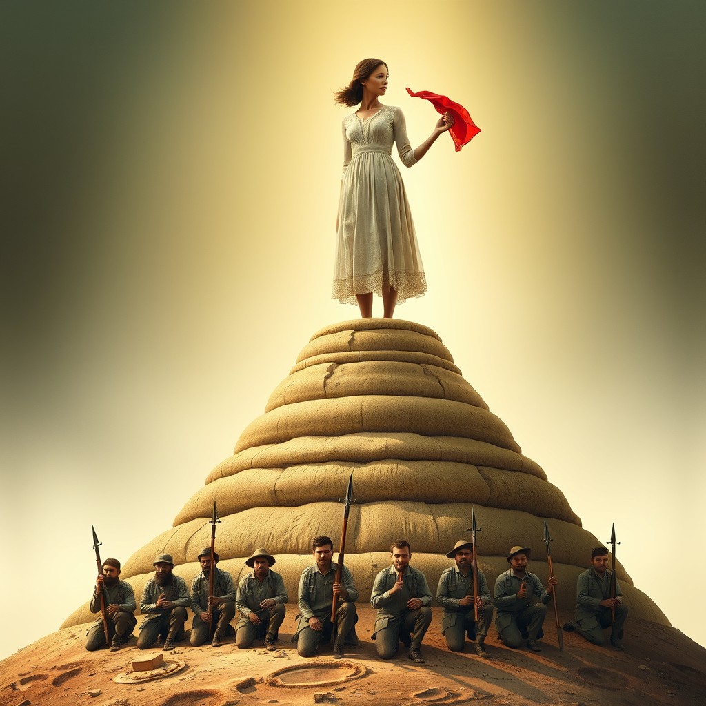 A powerful, symbolic book cover featuring a modest, beautiful woman standing at the top of a man-made mound, resembling a humble rural bride