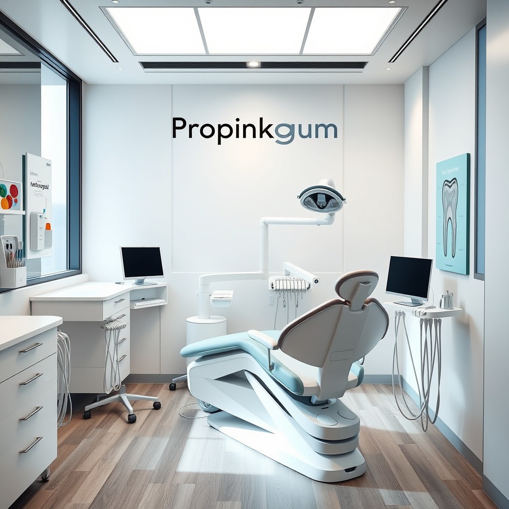A modern dental hygiene clinic named 'Propinkgum', featuring advanced dental equipment and a sleek, contemporary interior design