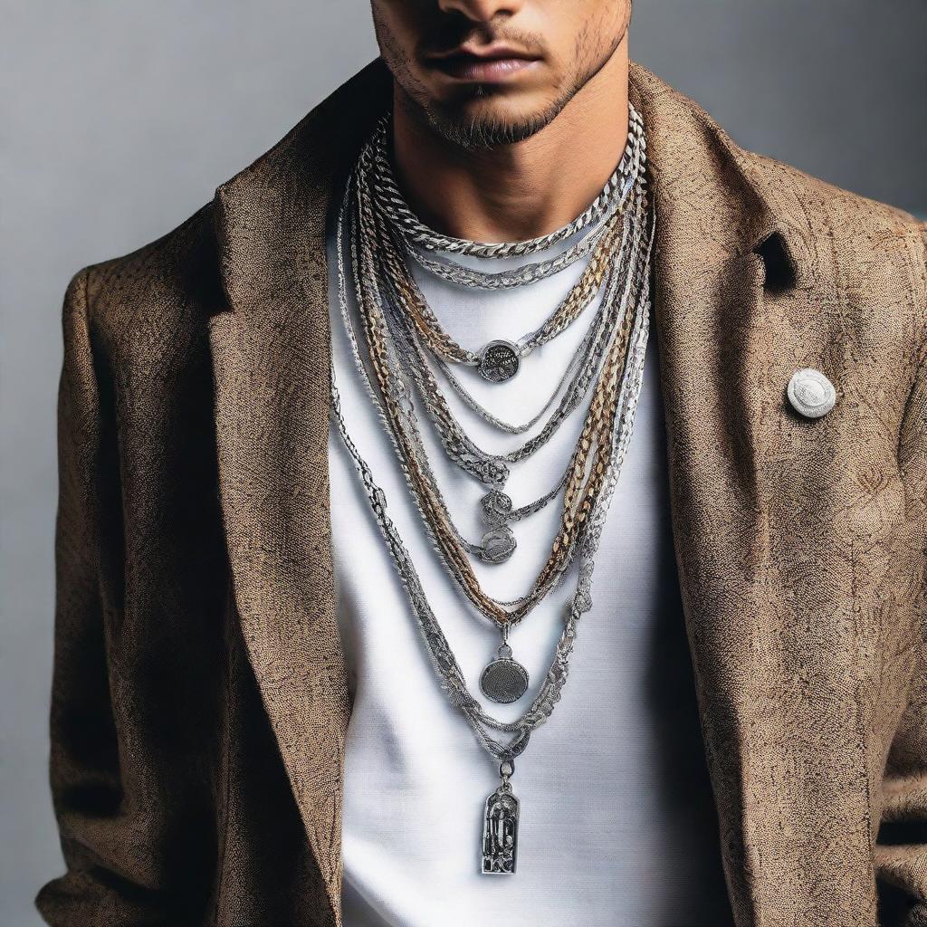 A stylish man with various fashionable chains and jewelry accessories.