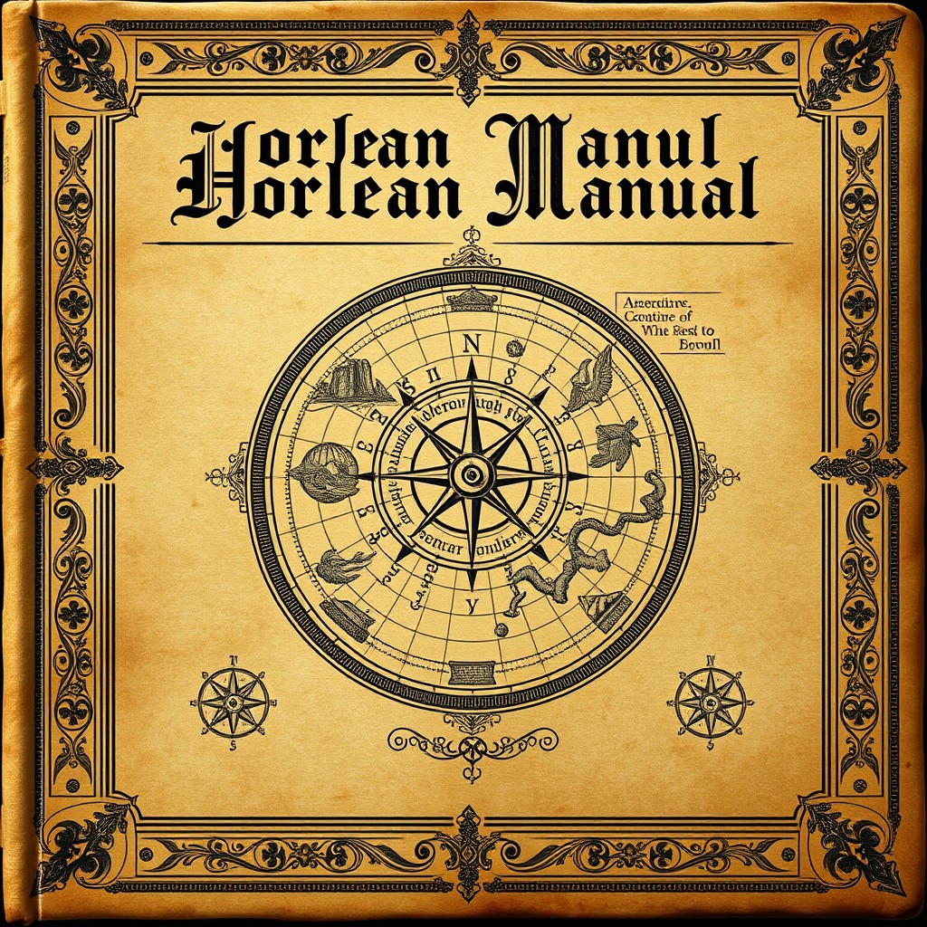 An intriguing book cover for a title 'Horlean Manual', featuring a beautifully designed medieval ancient chart and schematic