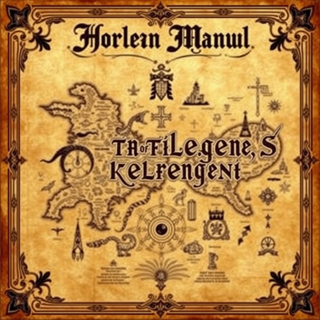An eye-catching book cover for the title 'Horlean Manual', featuring a medieval ancient chart styled as a map and infographic