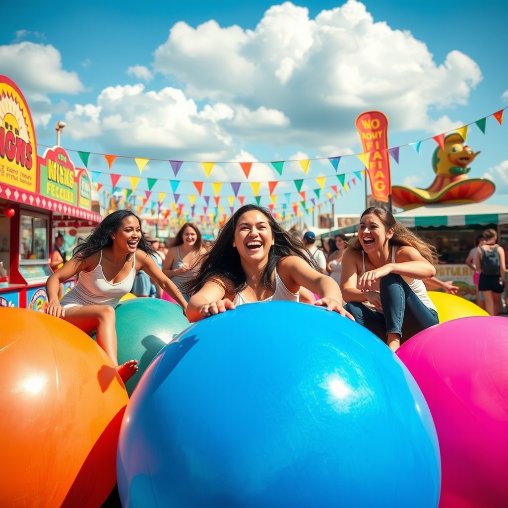 A vibrant and playful scene showcasing a group of young adults enjoying a day at a fun outdoor festival