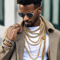 A stylish man with various fashionable chains and jewelry accessories.