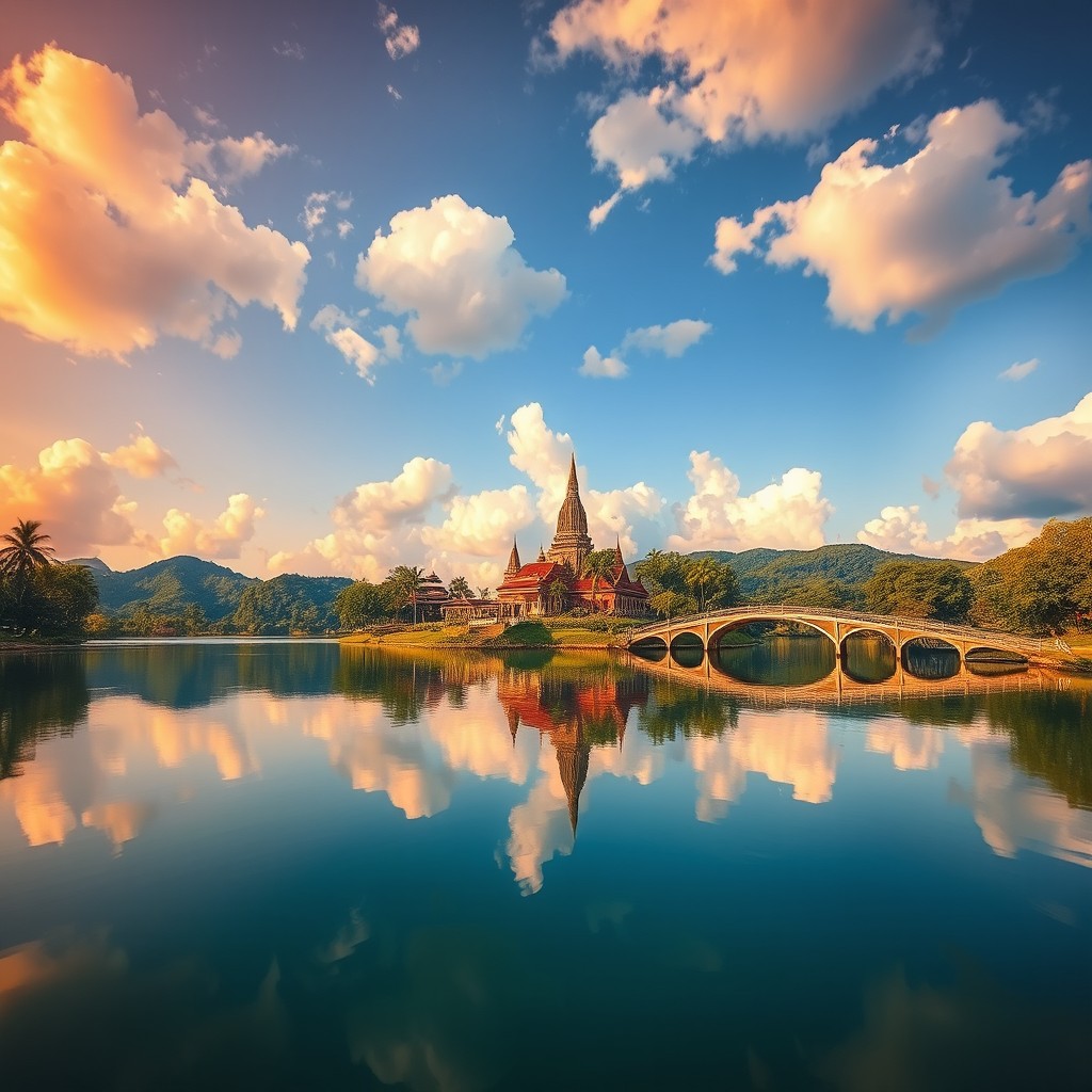 A picturesque lake in a tropical sanctuary that resembles a giant mirror, reflecting the vibrant green trees, rolling hills, and fluffy clouds of a sunny sky