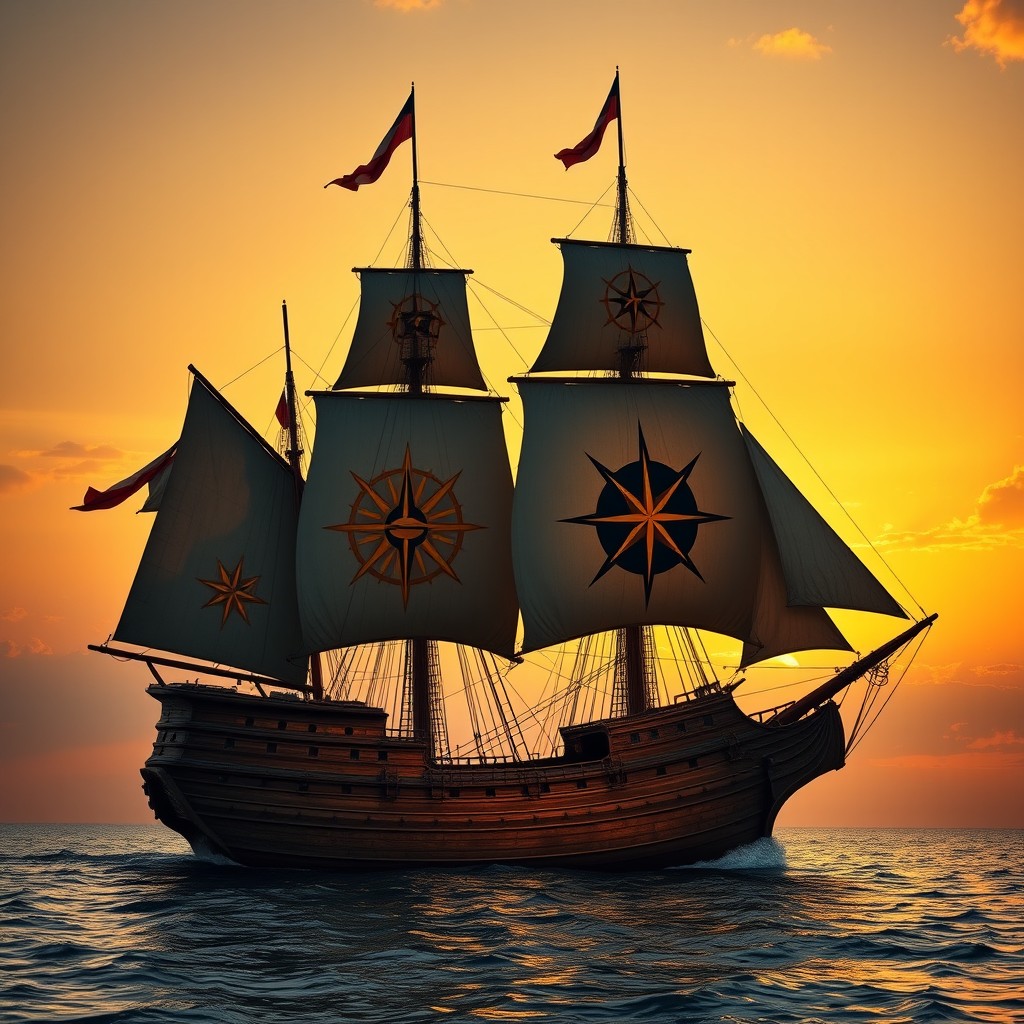 An epic 18th-century wooden ship featuring sails adorned with a golden sun symbol and compass rose