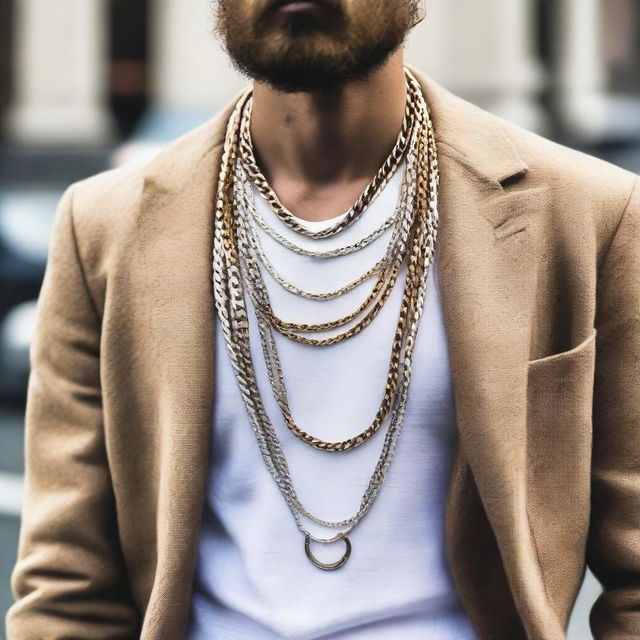 A stylish man with various fashionable chains and jewelry accessories.